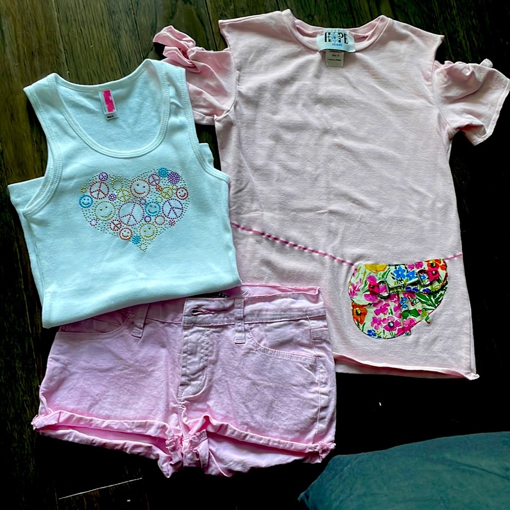 Girls shirts and shorts size 8, Hope jeans top